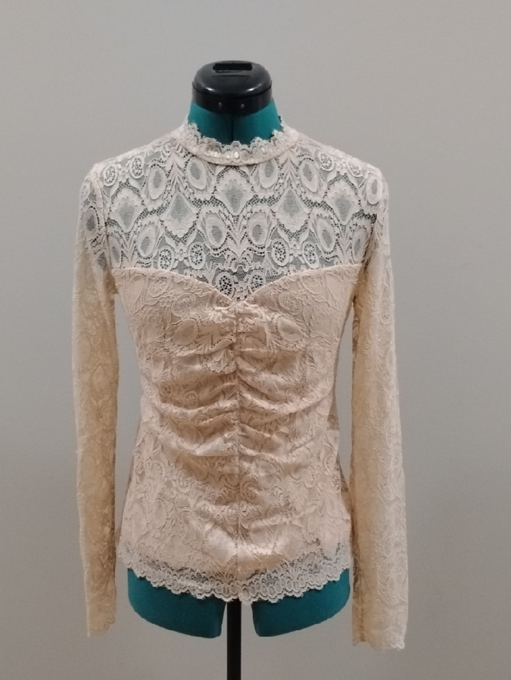 Guess Cream Lace Ruched Long-Sleeve High-Neck Blouse